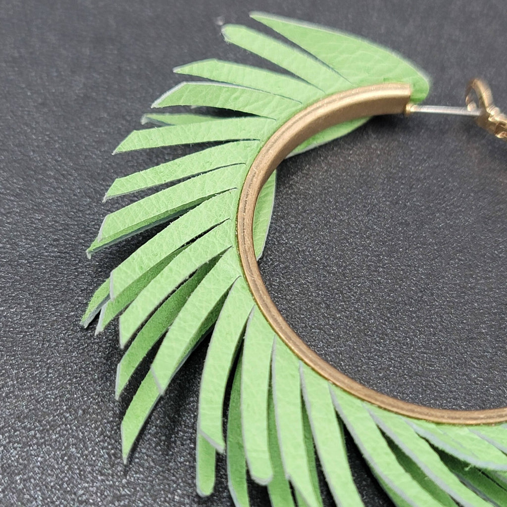 Pierced Earrings Green Fringe Gold tone Hoops Dangle