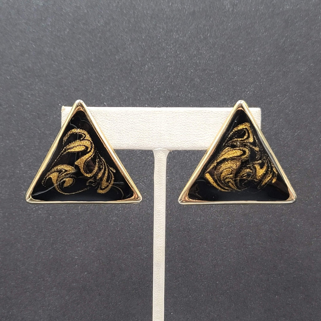 Vintage Clip on Earrings Black Gold Enamel Triangle Large Statement 1 3/8"