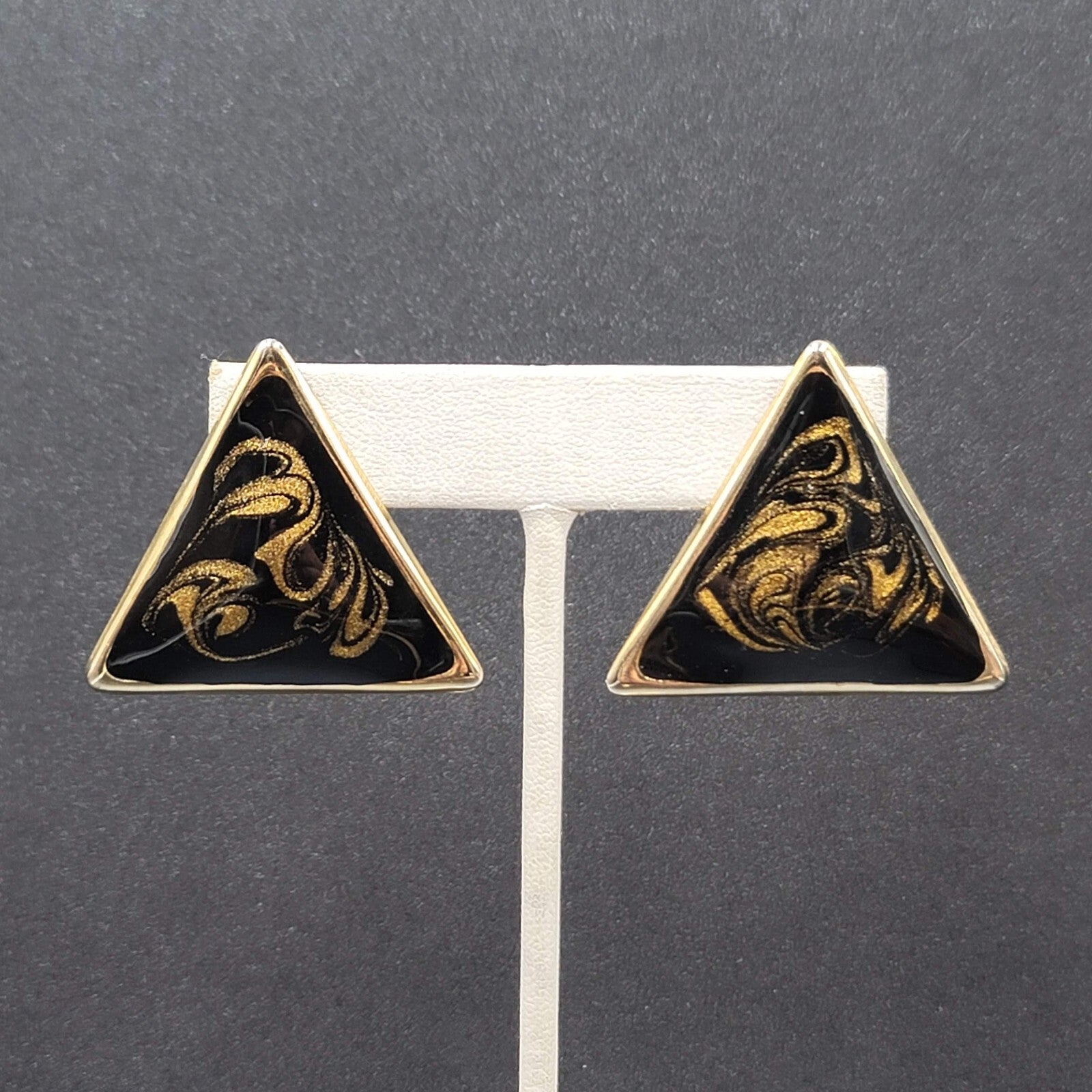 Vintage Clip on Earrings Black Gold Enamel Triangle Large Statement 1 3/8"