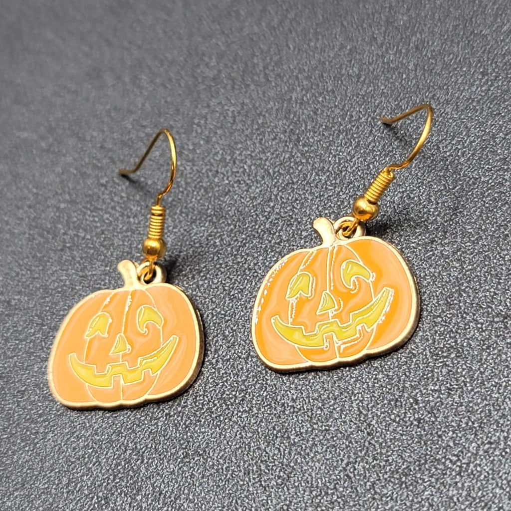 New Jack o Lantern Pumpkin Pierced Earrings Gold tone Enamel Dangle 3/4"