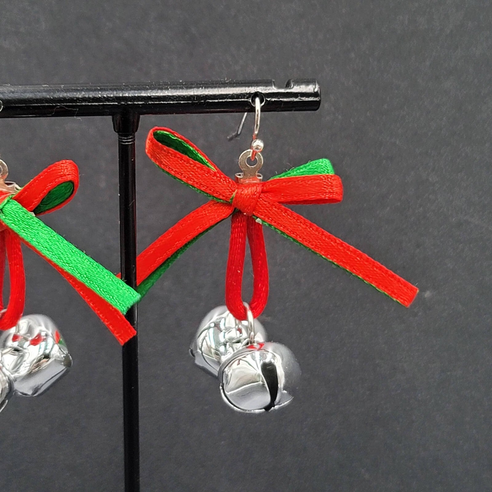 Christmas Holiday Pierced Earrings Ribbon Jingle Bells 1.5"