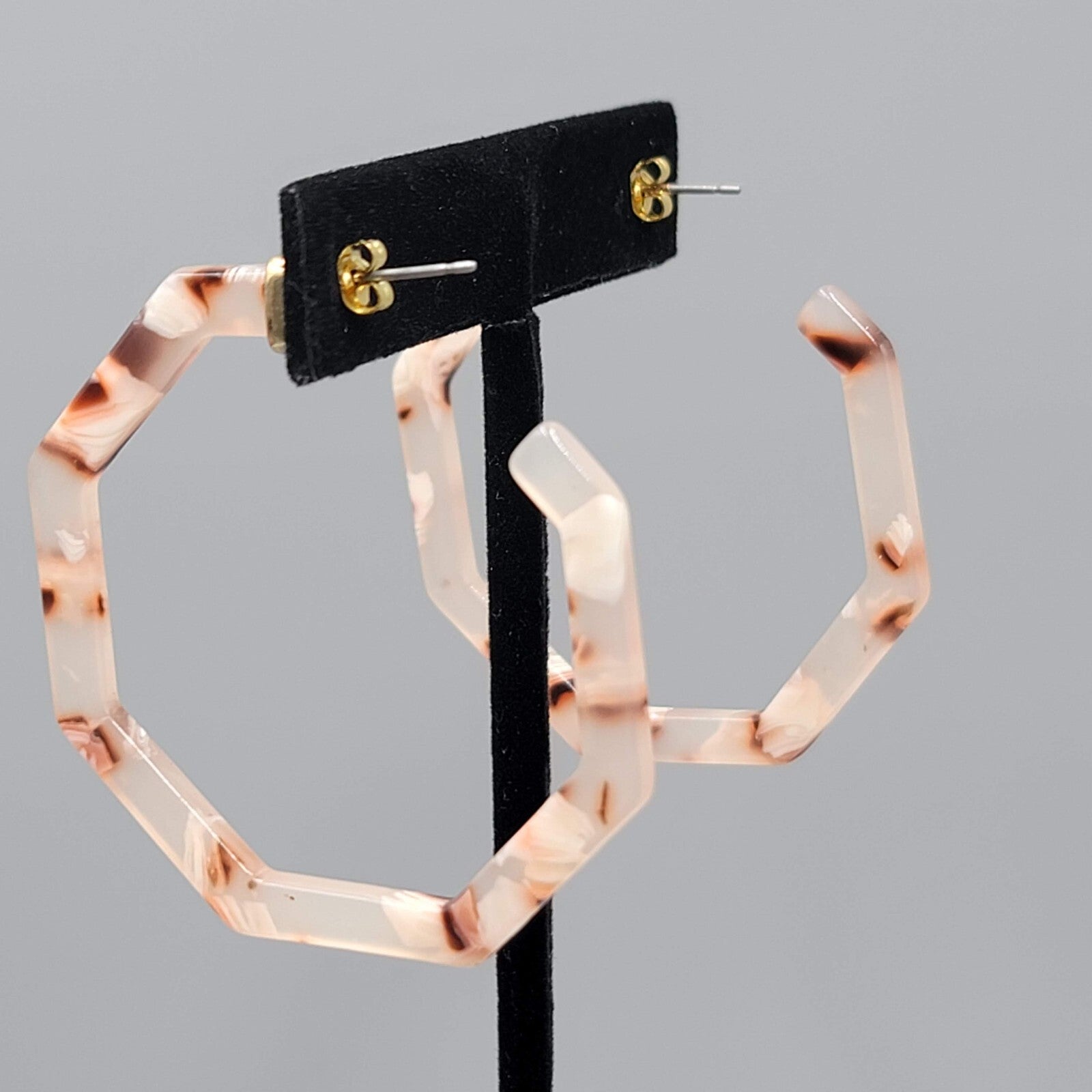 Resin Octagon Hoops Pierced Earrings Pink White Brown Swirl 2"