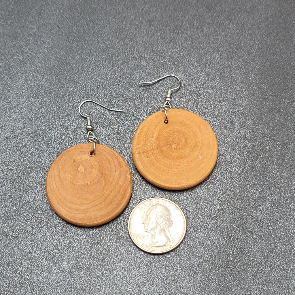 Pierced Earrings Silver tone Real Wood Discs Dangle Boho 1.5"
