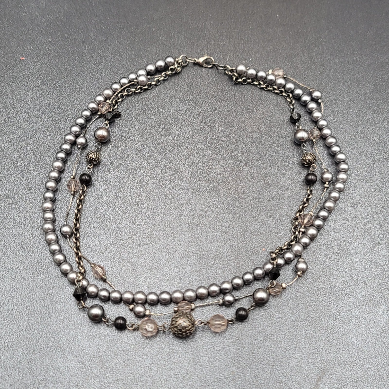 Triple Strand Black Chain Gray Bead Necklace 16"