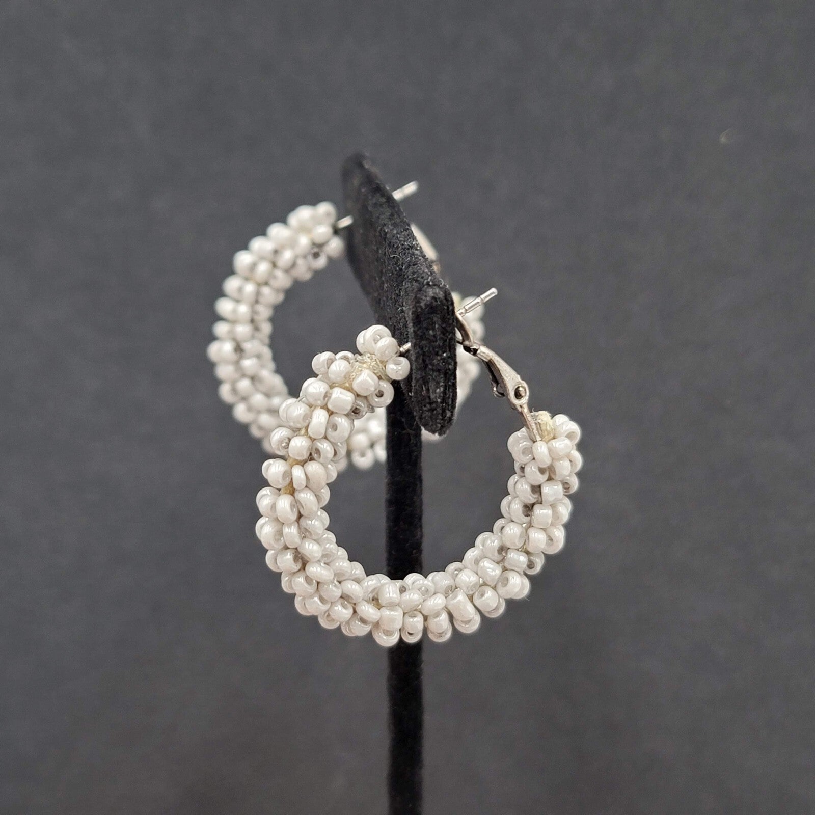 Pierced Earrings Light Gray Seed Bead Covered Hoops 1.25"
