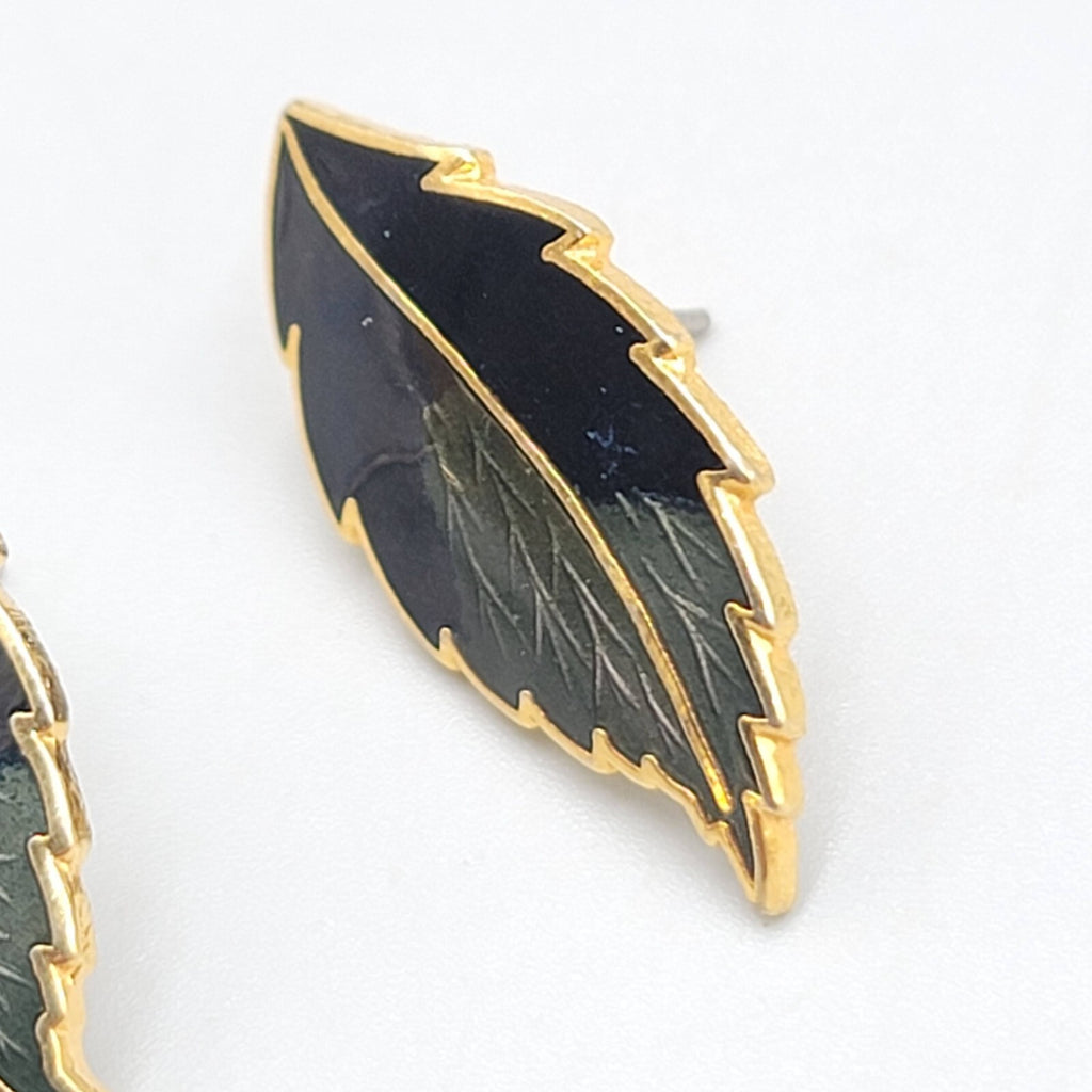 Vintage Guilloche Enamel Pierced Earrings Gold tone Green Black Drop 1 1/8"