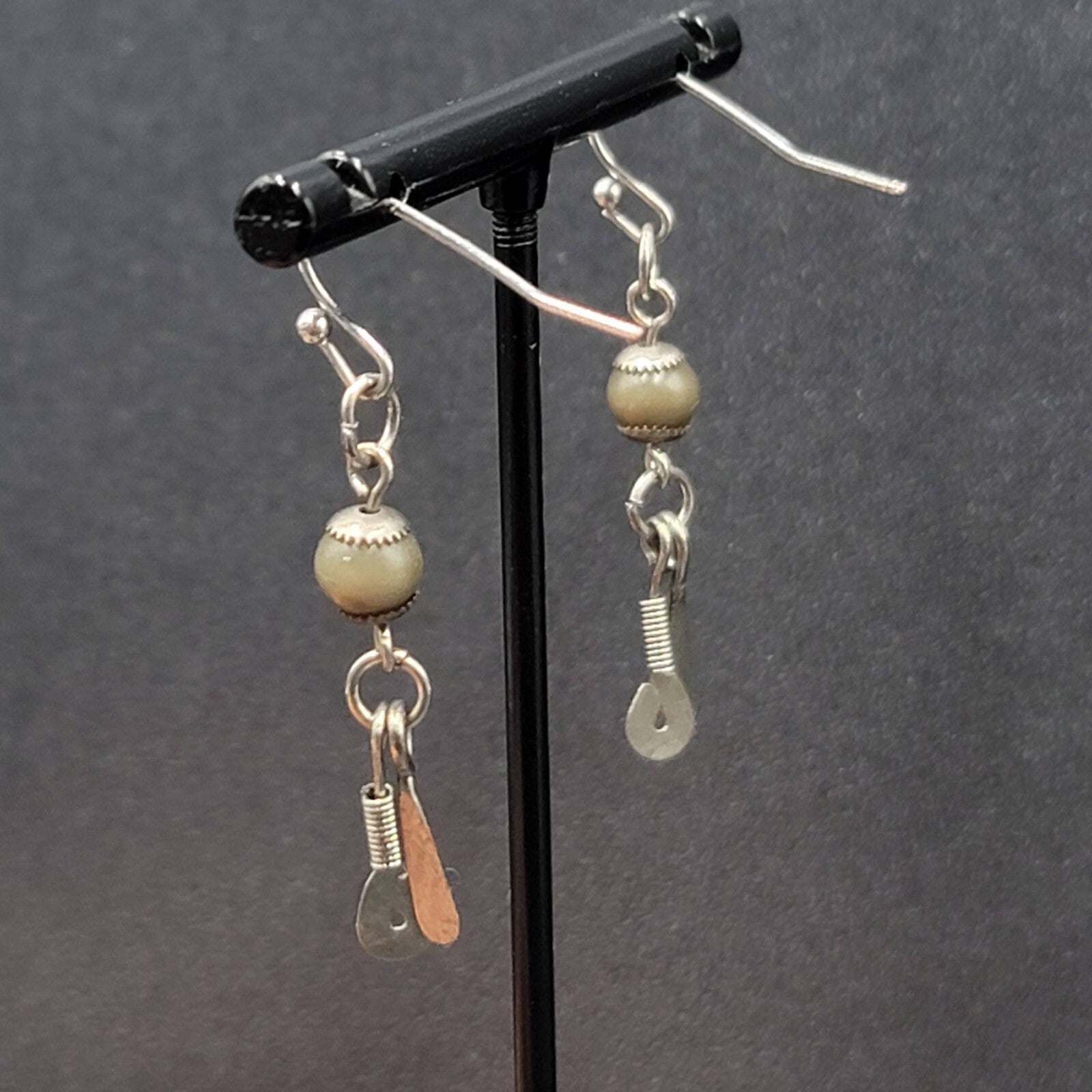 Boho Pierced Earrings Silver tone Artisan Green Bead Dangle 1.25"