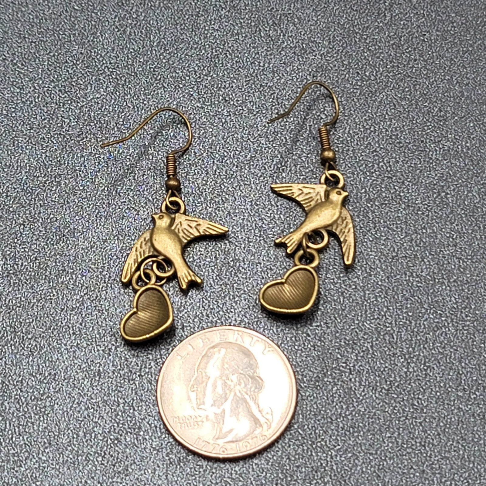 Birds Heart Pierced Earrings Bronze tone Dangle 1.25"
