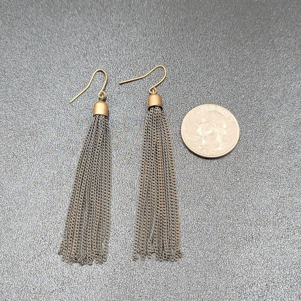 Pierced Earrings Gold tone Gray Multi Dangle Chains 2.75"