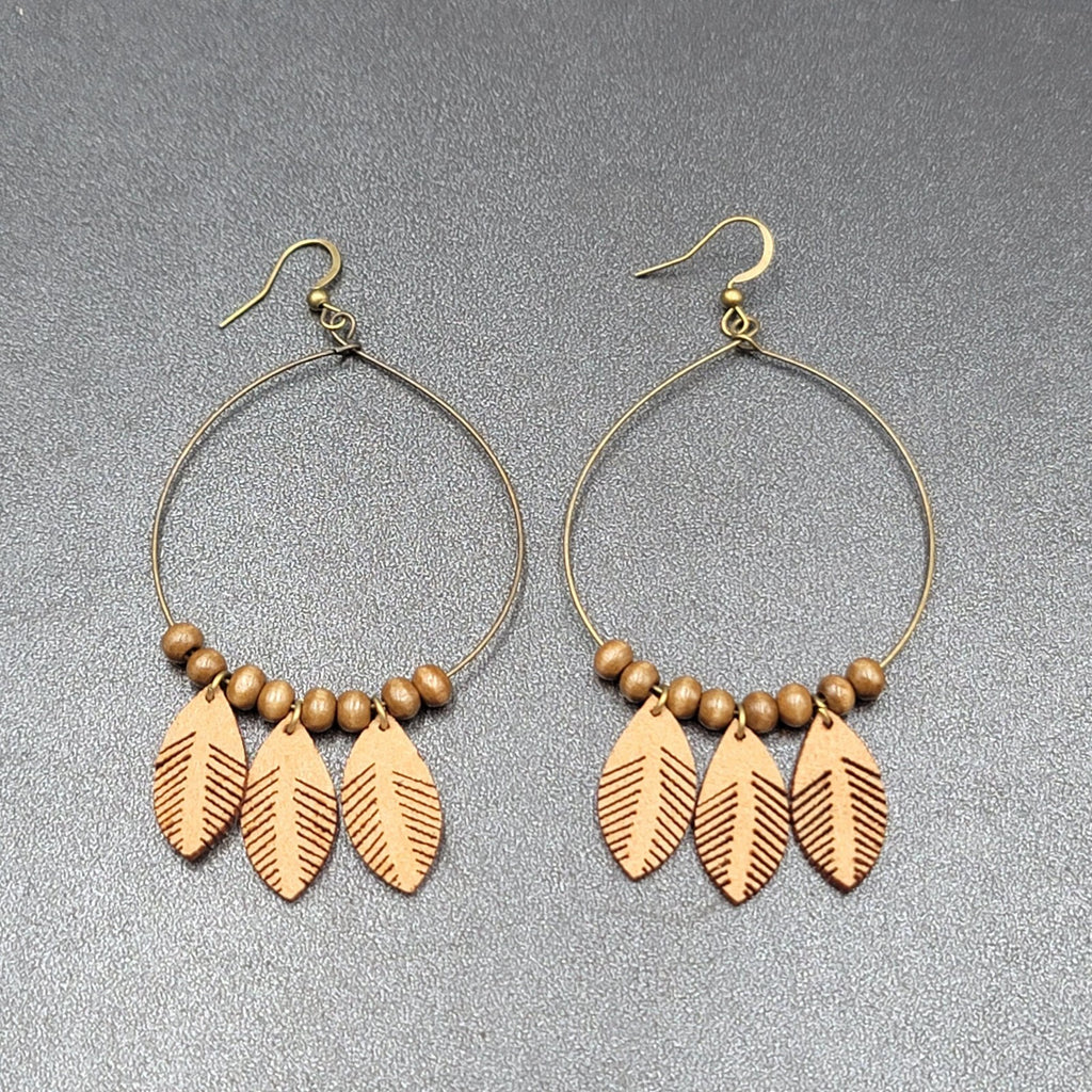 New Boho Pierced Earrings Bronze tone Faux Leather Leaves Wood Bead Hoops 3.25"