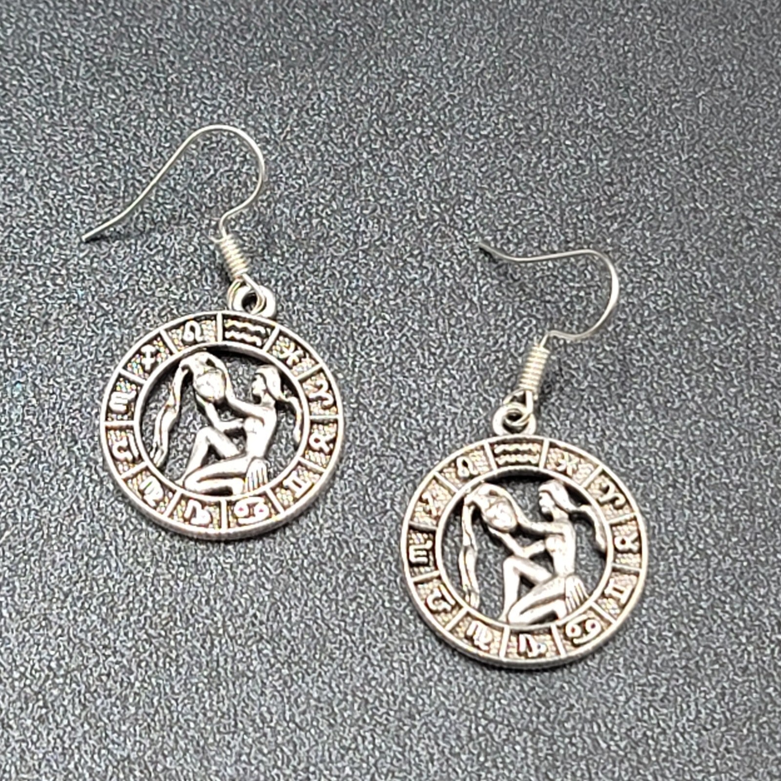 Zodiac Pierced Earrings Silver tone Dangle 7/8"