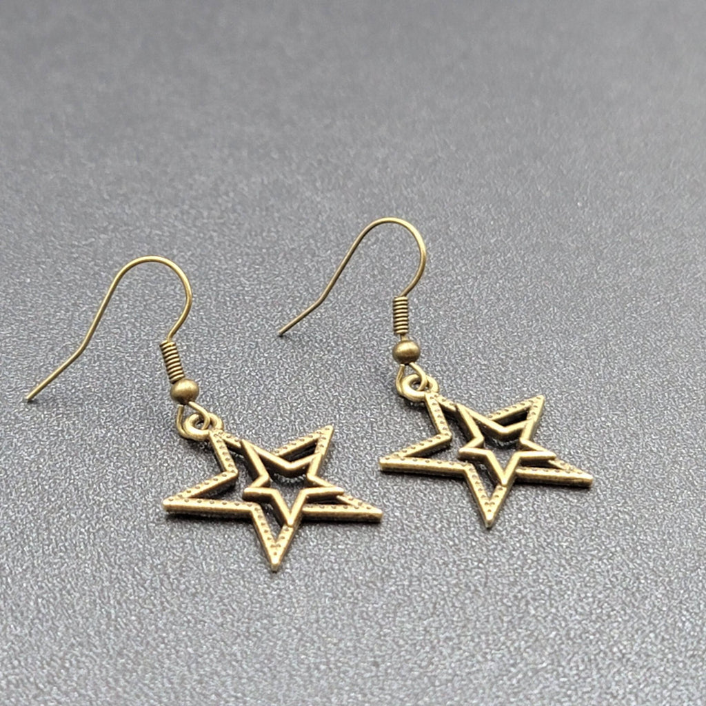 Pierced Earrings Bronze tone Double Open Star Dangle 7/8"