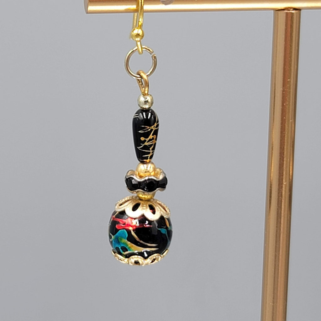 Black Bead Color Splatter Pierced Earrings Gold tone Dangle 1.5"