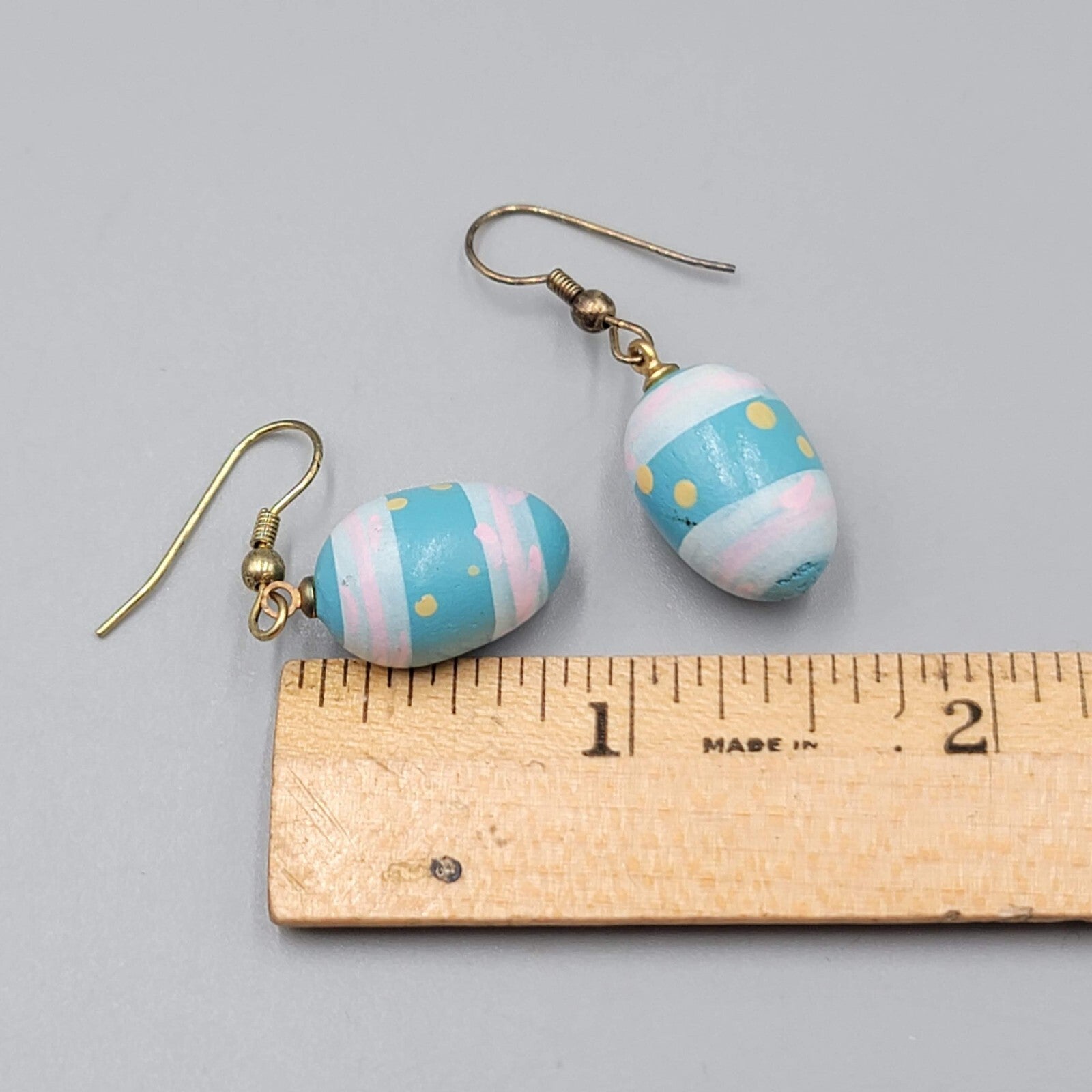 Vintage Blue Easter Egg Pierced Earrings Hand Painted Wood Dangle 7/8"