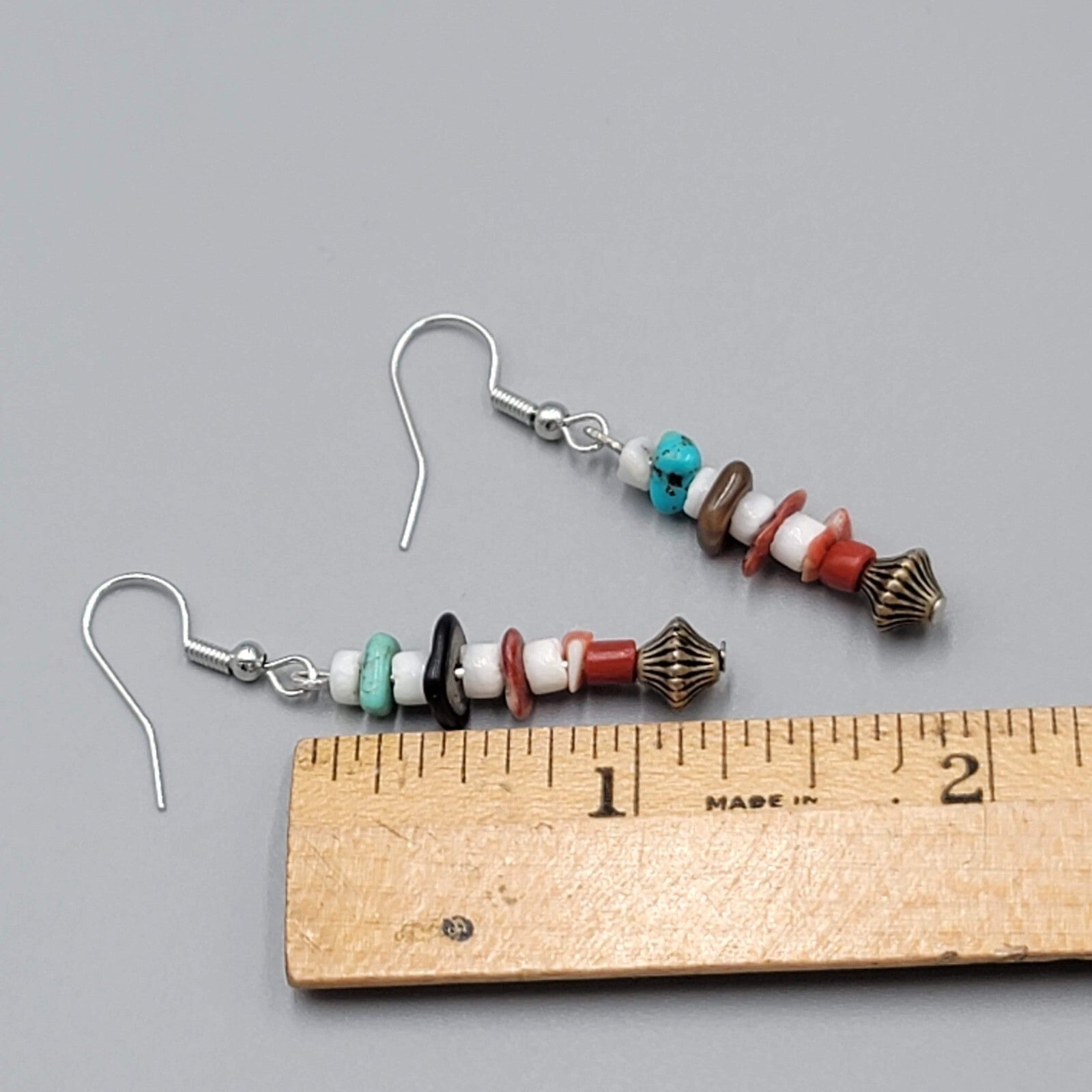 Pierced Earrings Multi Stone Boho Dangle Silver tone 1.25"
