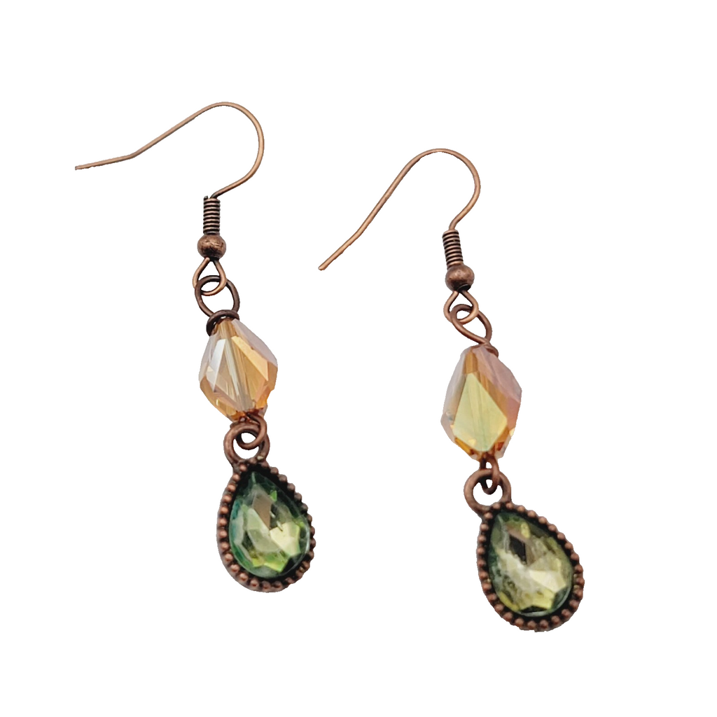 Green Teardrop Orange Crystal Bead Pierced Earrings Copper tone Dangle 1.25 in