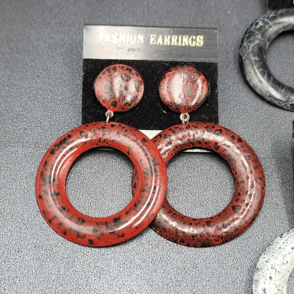 Lot of 3 Pierced Earrings NOS White Gray Red Speckled Enamel Hoops