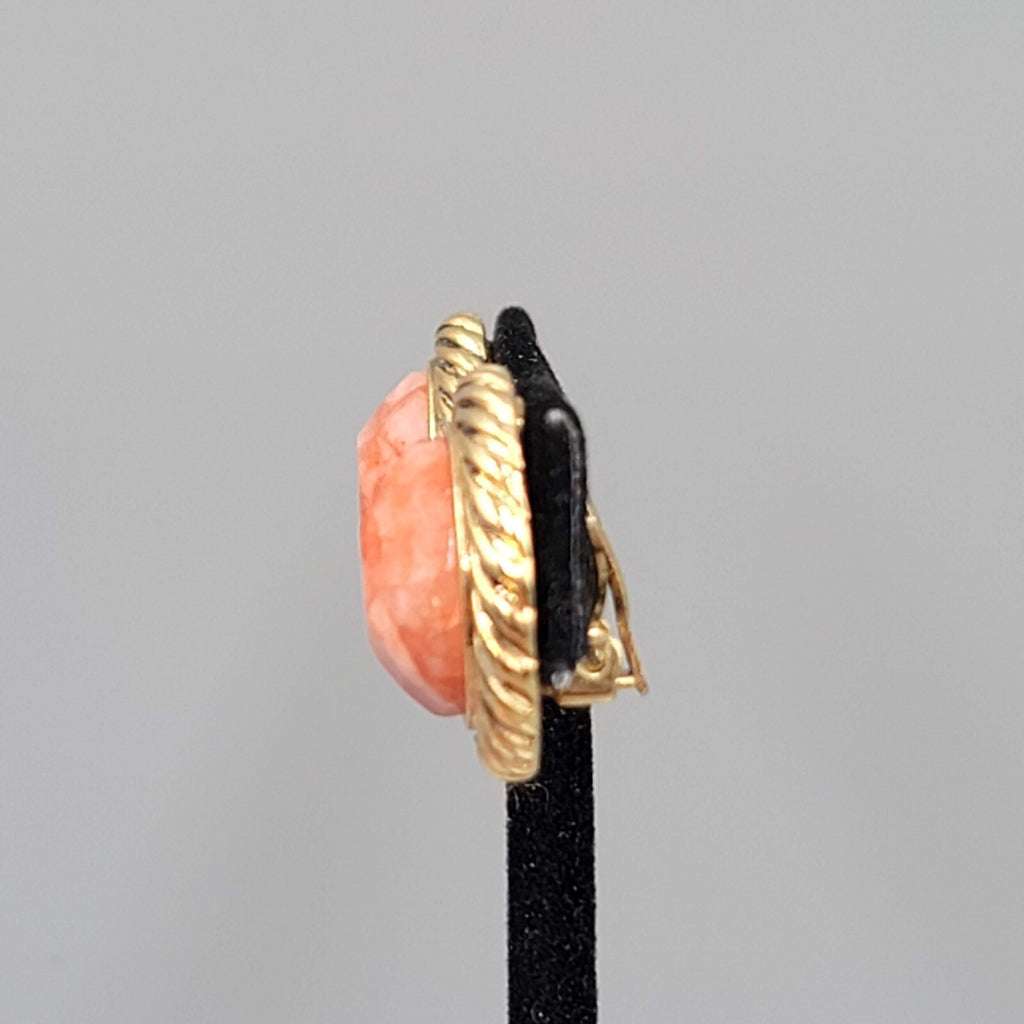 Vintage Orange White Faceted Gold tone Clip on Earrings Round 3/4"