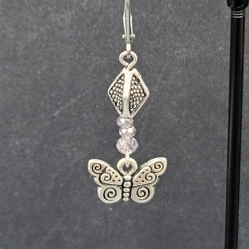 Butterfly Pierced Earrings Silver tone Purple Crystal Bead Dangle 1.25"