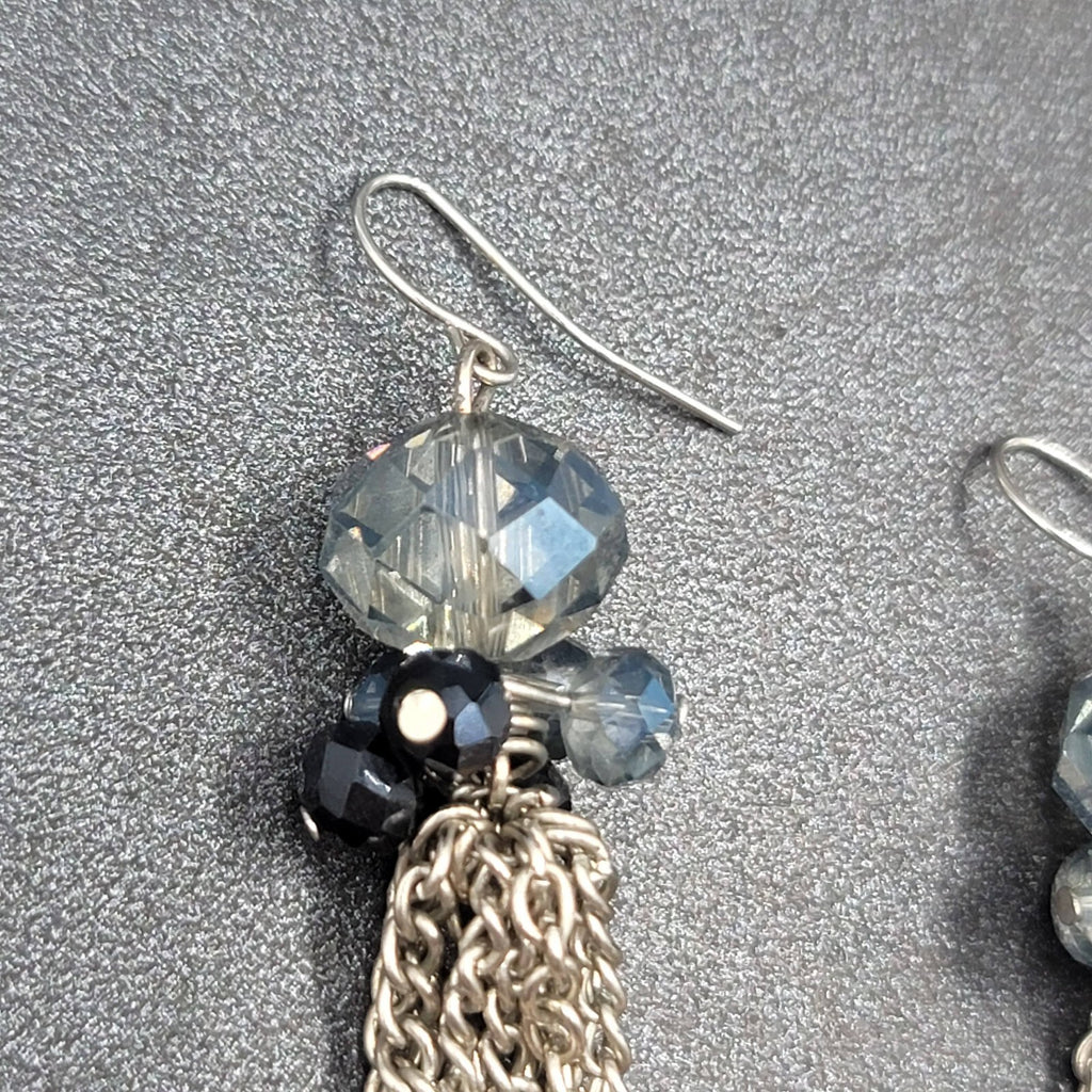 Pierced Earrings Silver tone Blue Faceted Glass Bead 3"