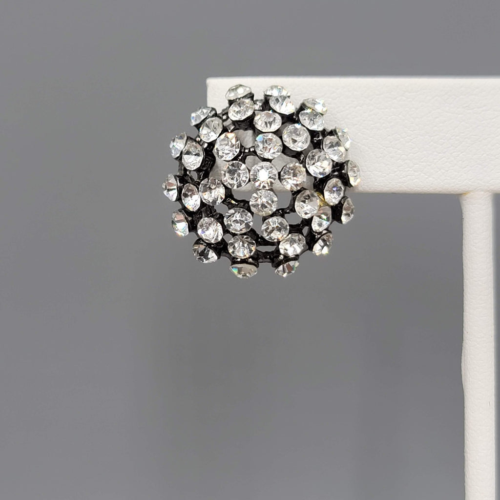 Crystal Dome Pierced Earrings Black Metal Drop 7/8 in