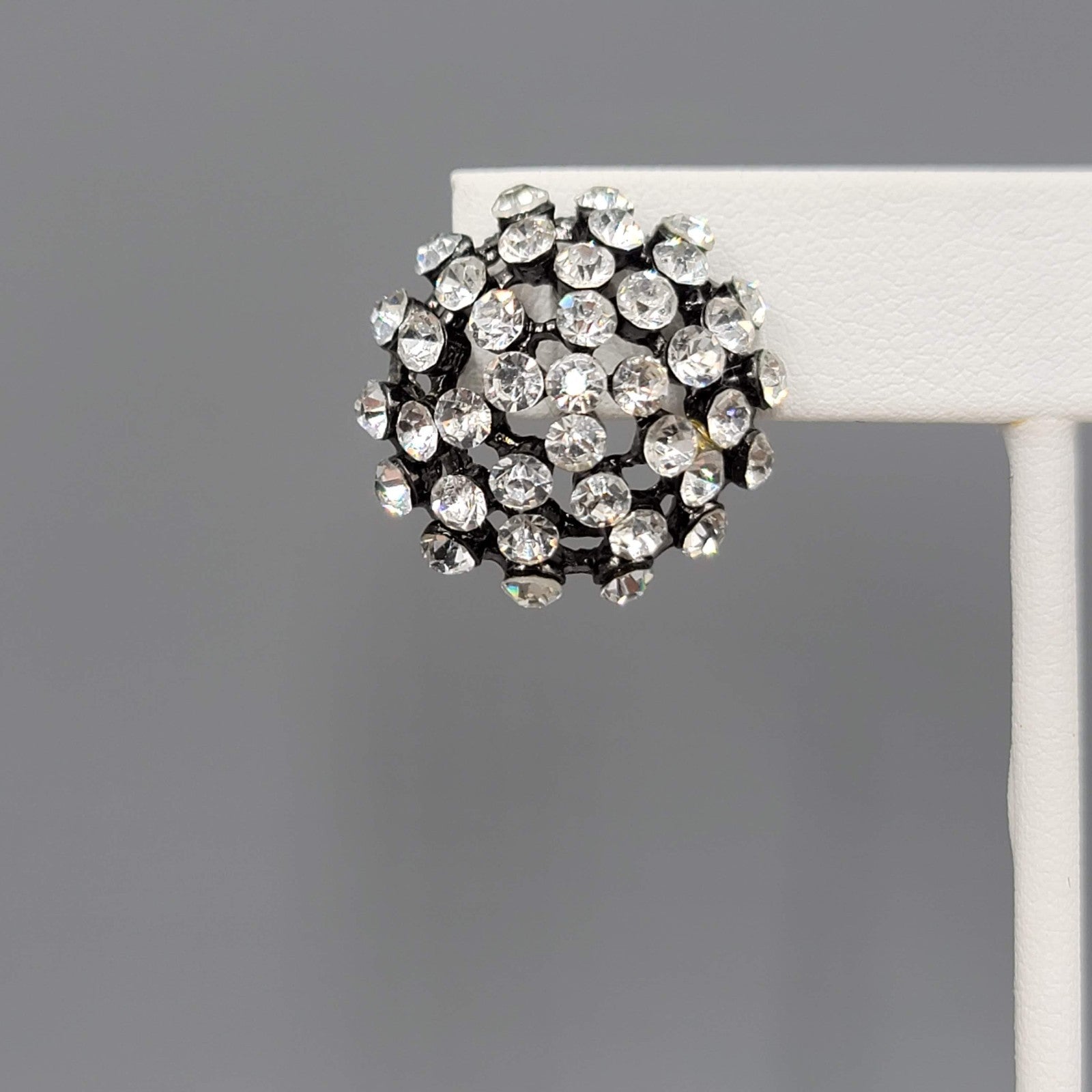 Crystal Dome Pierced Earrings Black Metal Drop 7/8 in