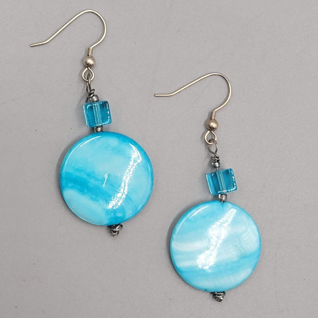 Blue Shell Crystal Bead Pierced Earrings Silver tone Dangle 1.75 in