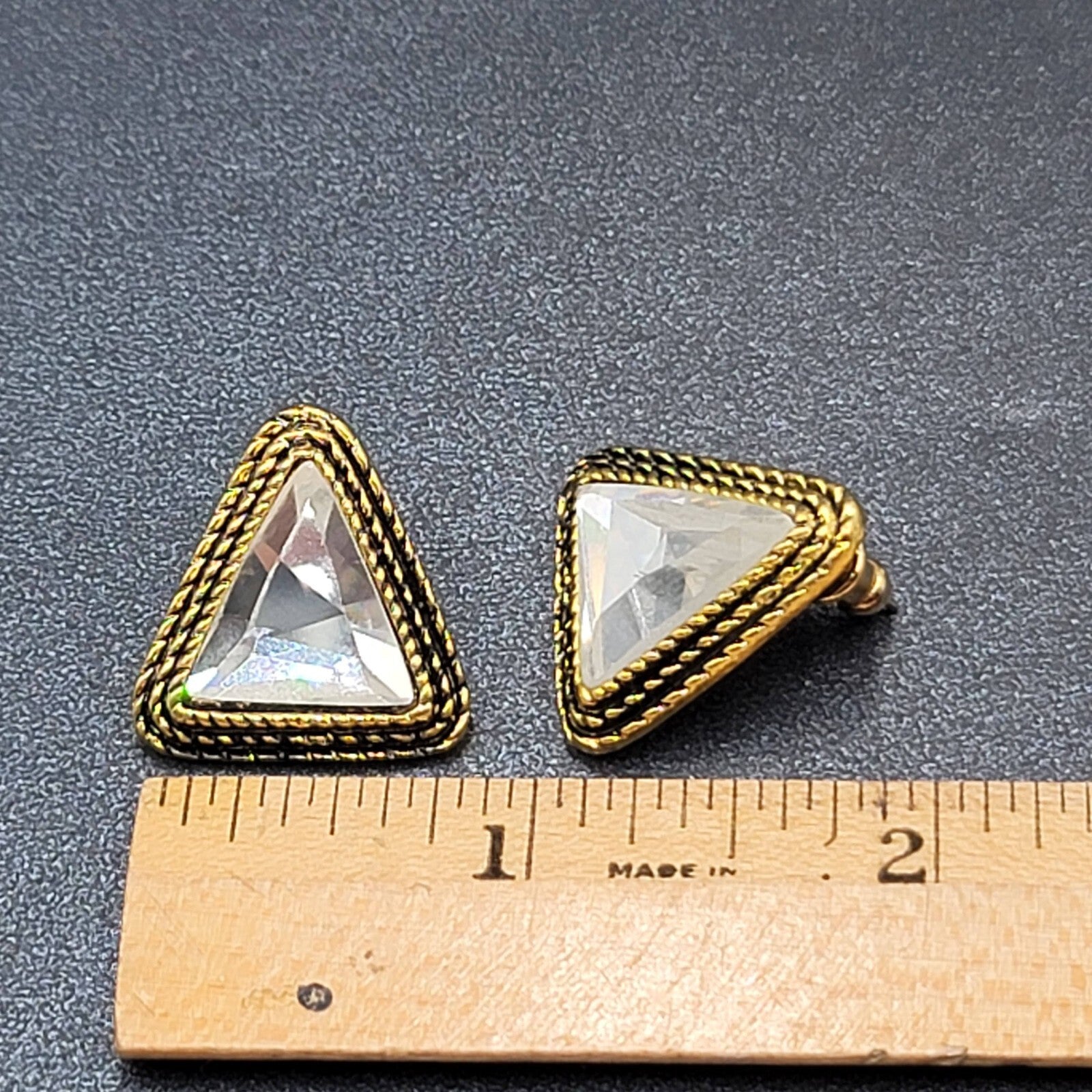 Pierced Earrings Gold tone Faceted Crystal Triangle Drop 1" SO Sparkly!!