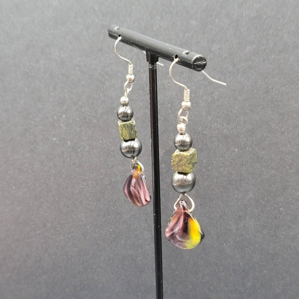 Vintage Pierced Earrings Magnetic Hematite Green Stone Beaded Dangle 1.75"