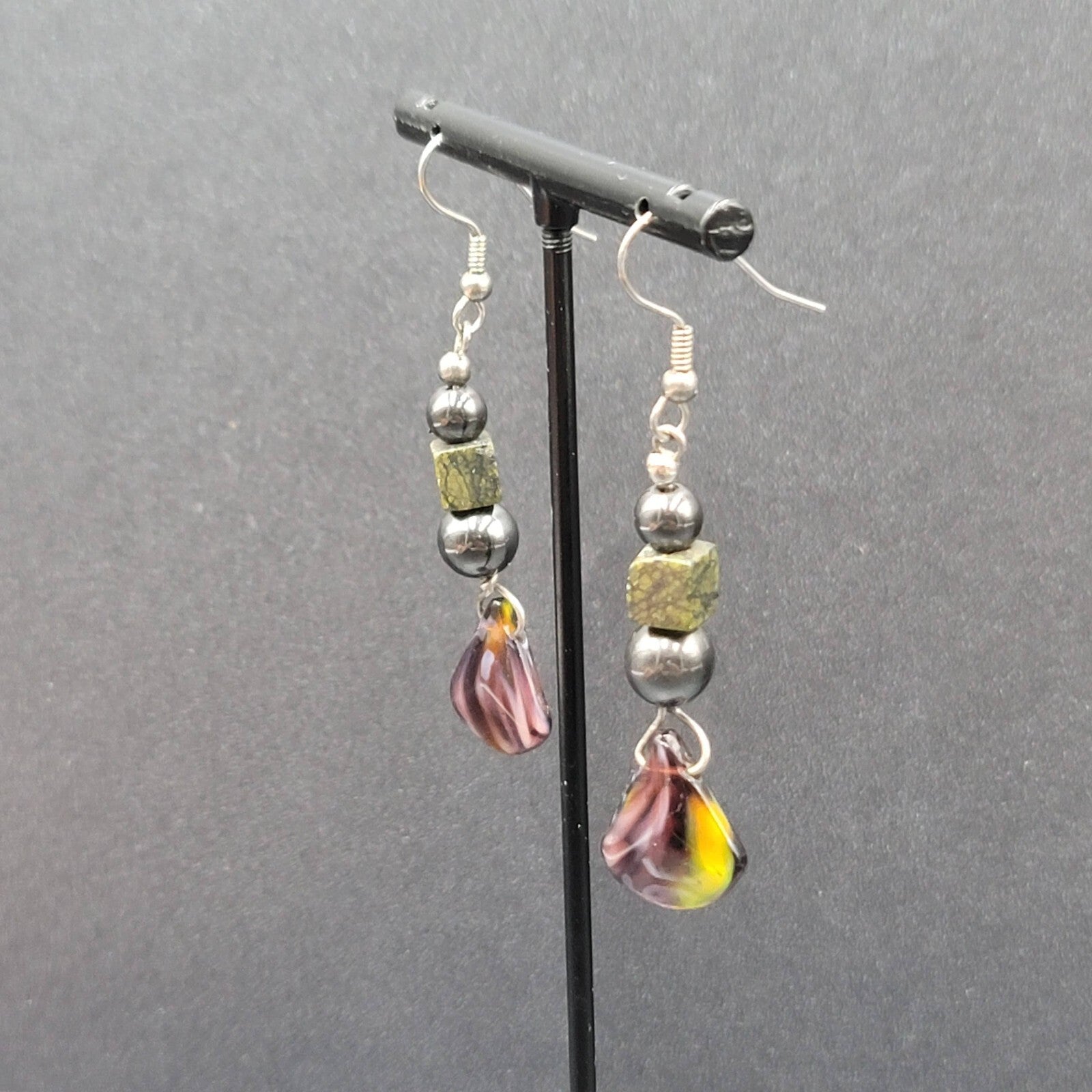 Vintage Pierced Earrings Magnetic Hematite Green Stone Beaded Dangle 1.75"