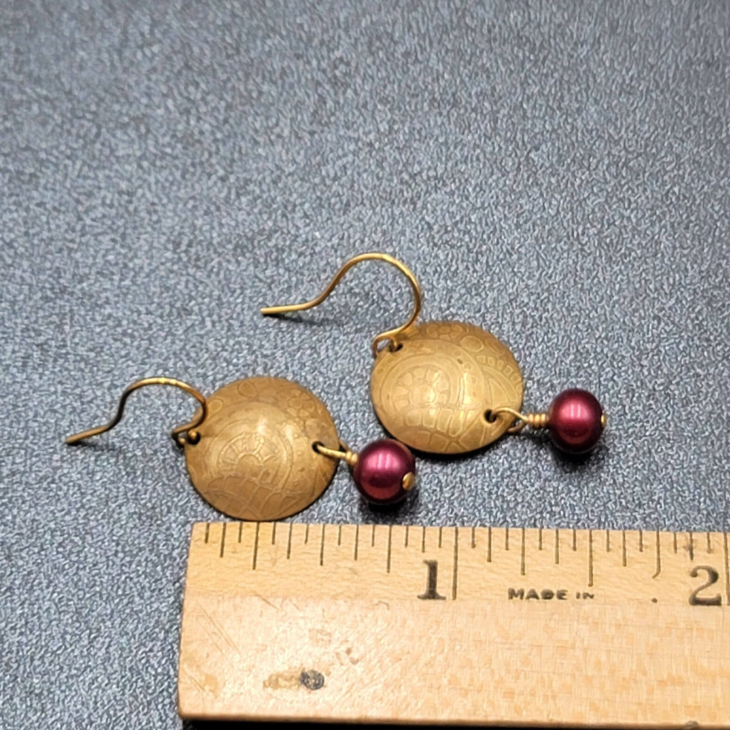 Pierced Earrings Brushed Gold Plated Embossed Disk Red Bead 1"