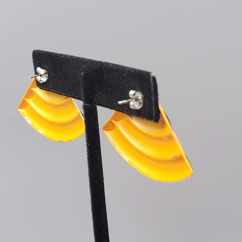 Vintage Pierced Earrings Yellow Black Enamel Triangle Drop Statement 80s 1 1/8"