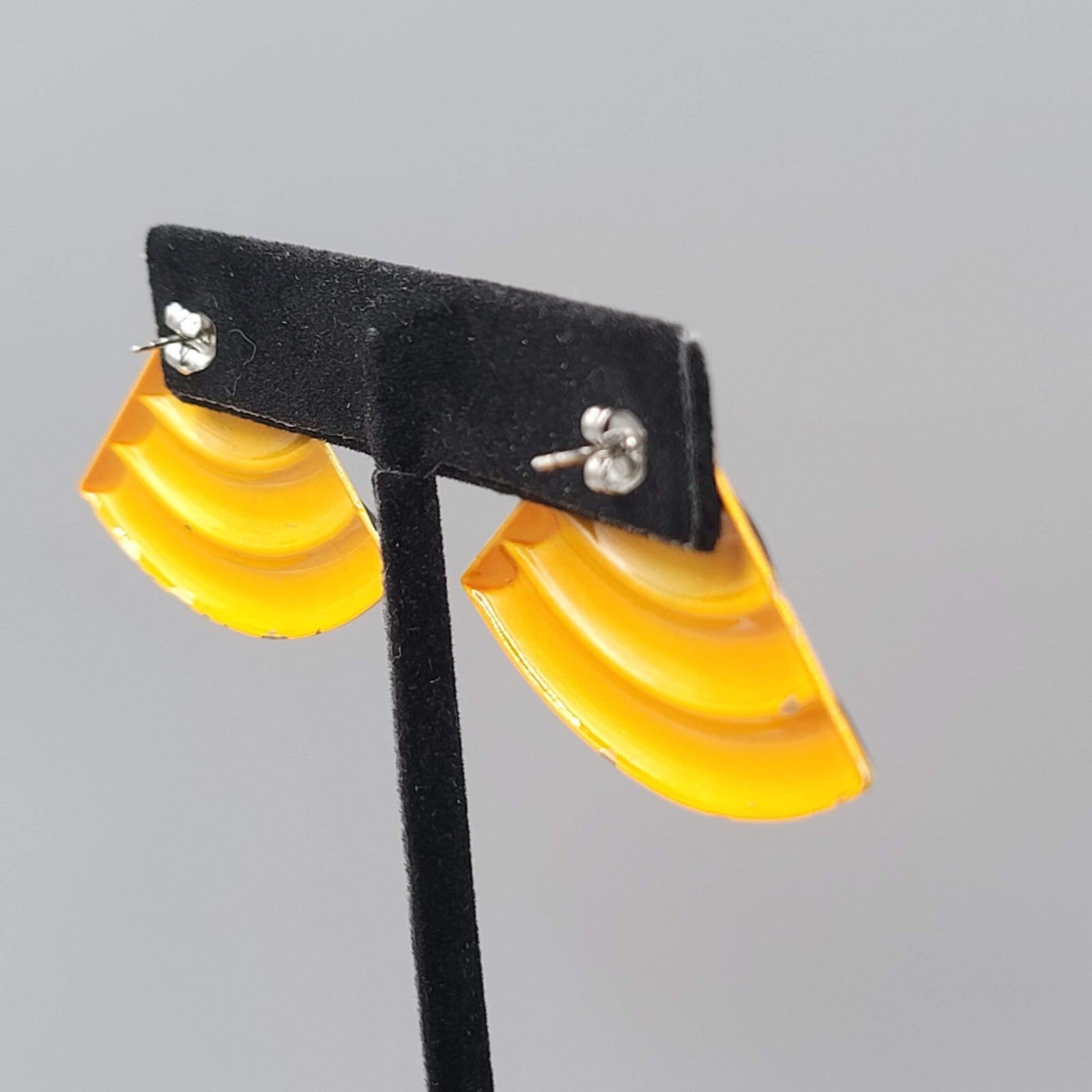 Vintage Pierced Earrings Yellow Black Enamel Triangle Drop Statement 80s 1 1/8"