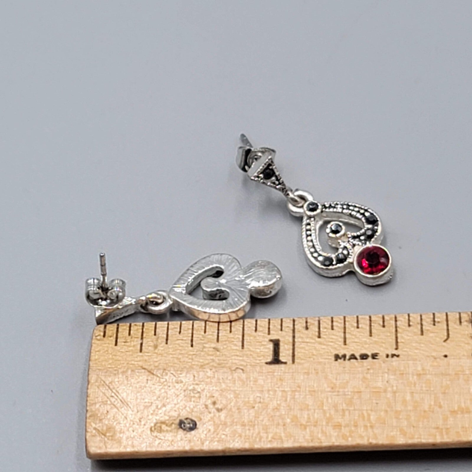 Pierced Earrings Silver tone Red and Black Rhinestone Dangle 1"