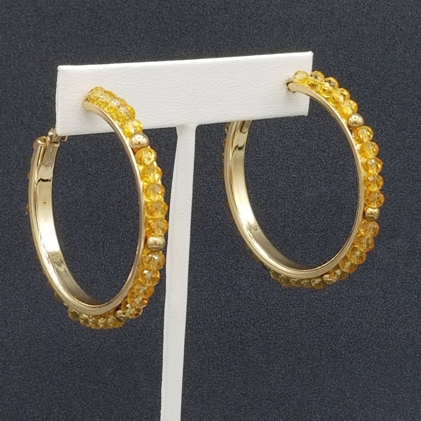 Pierced Earrings Gold tone Faceted Beaded Hoops 2"