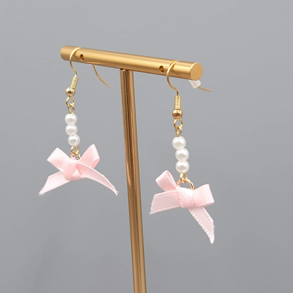 Pink Bow Faux Pearl Pierced Earrings Dangle Gold Tone Cute 1.25"