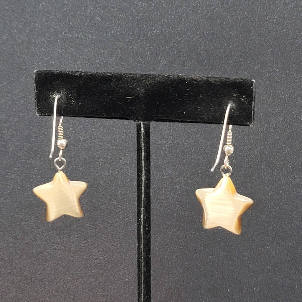 Pierced Earrings Silver tone Tan Brown Satin Cats Eye Glass Star Bead Dangle 3/4