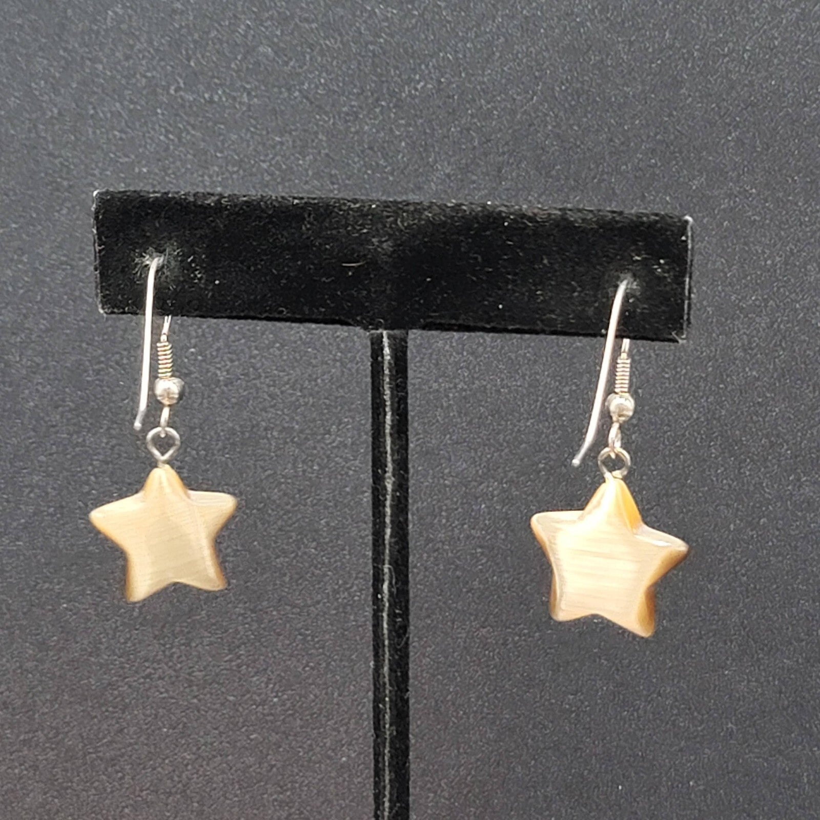 Pierced Earrings Silver tone Tan Brown Satin Cats Eye Glass Star Bead Dangle 3/4