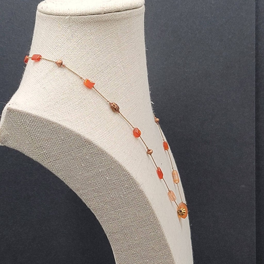 Dainty Orange Stone Necklace Hand Knotted Cord Station Copper tone Metal 17"