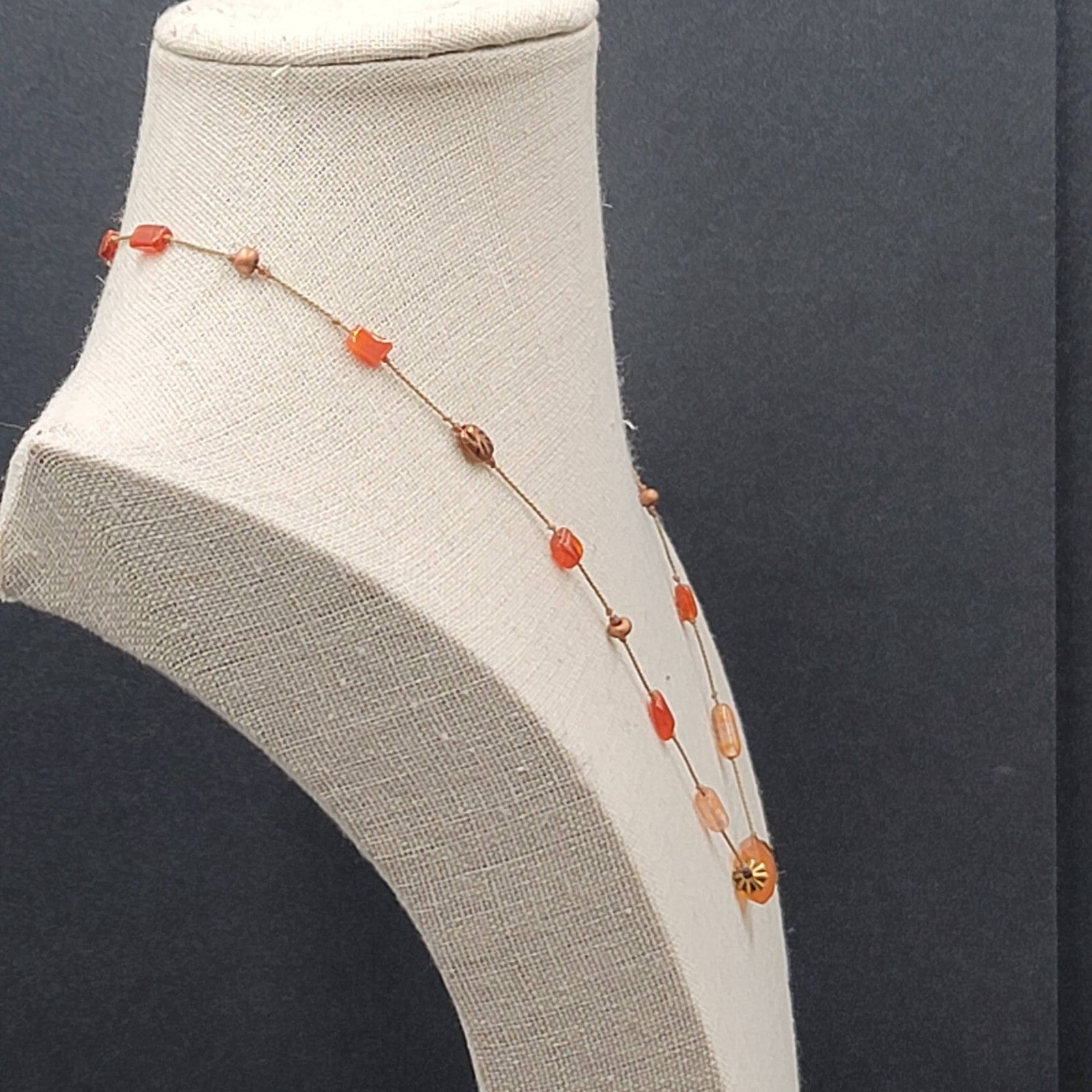 Dainty Orange Stone Necklace Hand Knotted Cord Station Copper tone Metal 17"