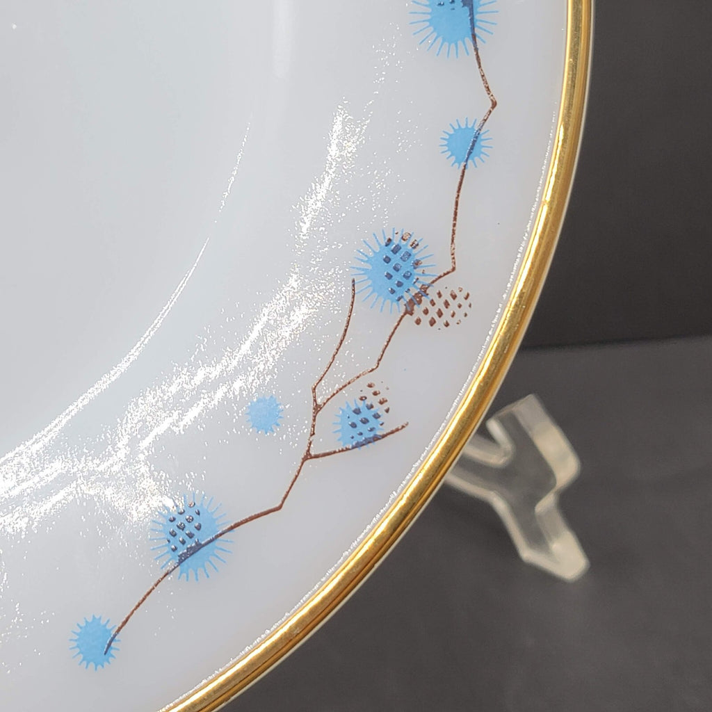 VTG Termocrisa Milk Glass Dinner Plate Blue Brown Pine Cone Gold Trim Single 9"