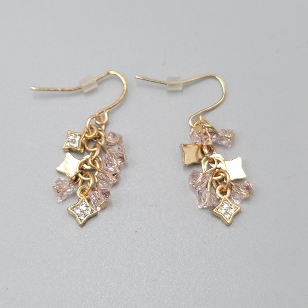 Pierced Earrings Gold tone Pink Crystal Cluster Bead Dangle 1"