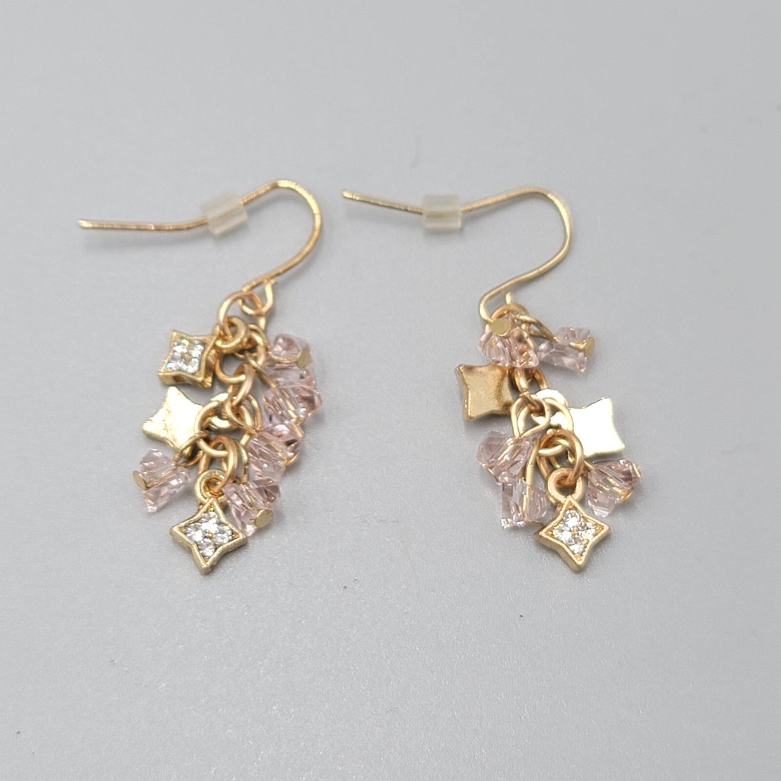 Pierced Earrings Gold tone Pink Crystal Cluster Bead Dangle 1"