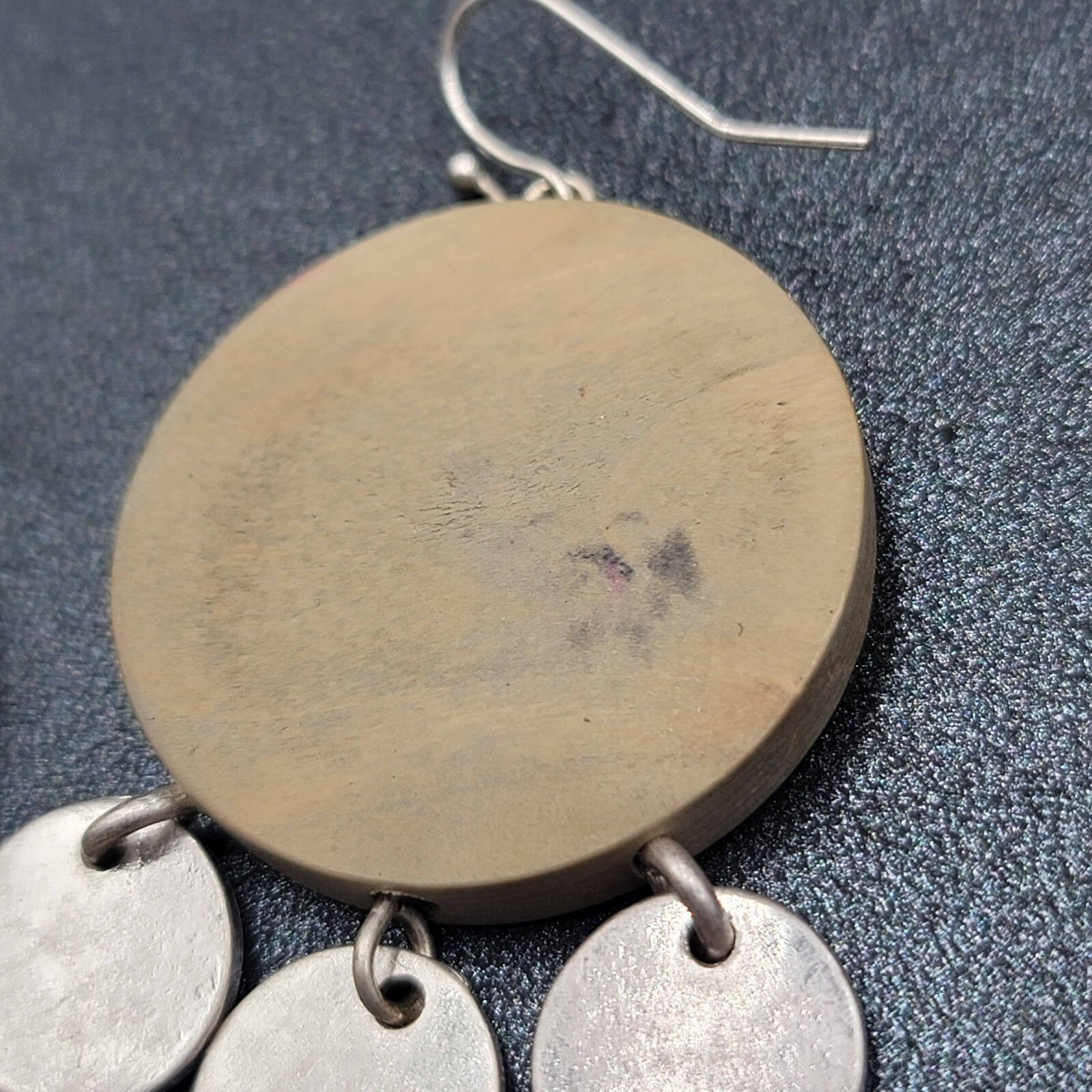 Pierced Earrings Round Wood Silver tone Discs 1.75"