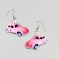 Pink Car Pierced Earrings Silver tone Dangle  1"