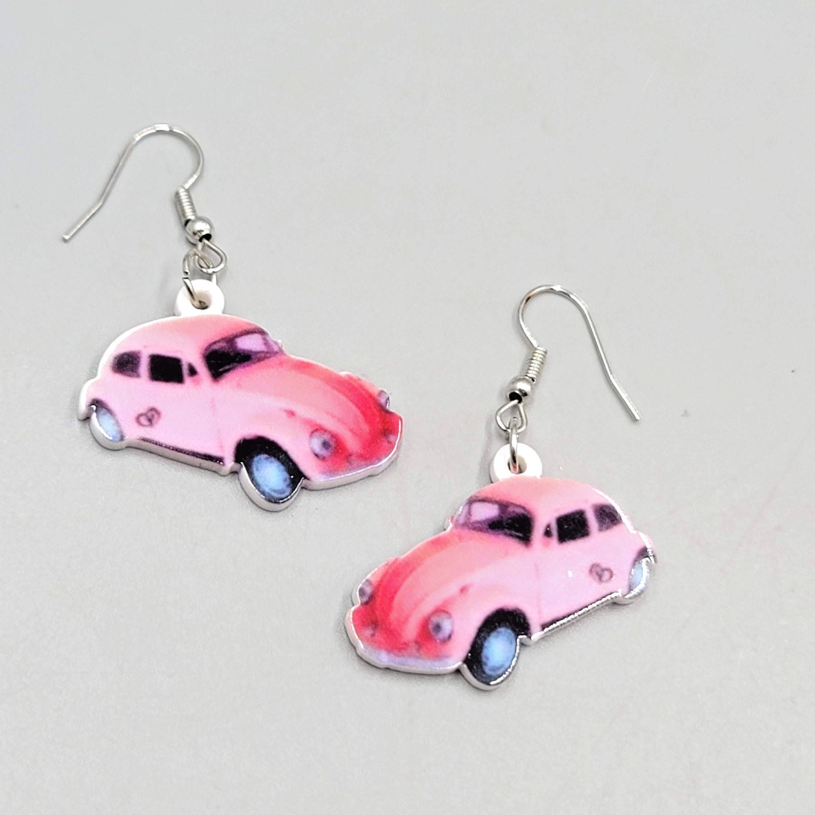 Pink Car Pierced Earrings Silver tone Dangle  1"