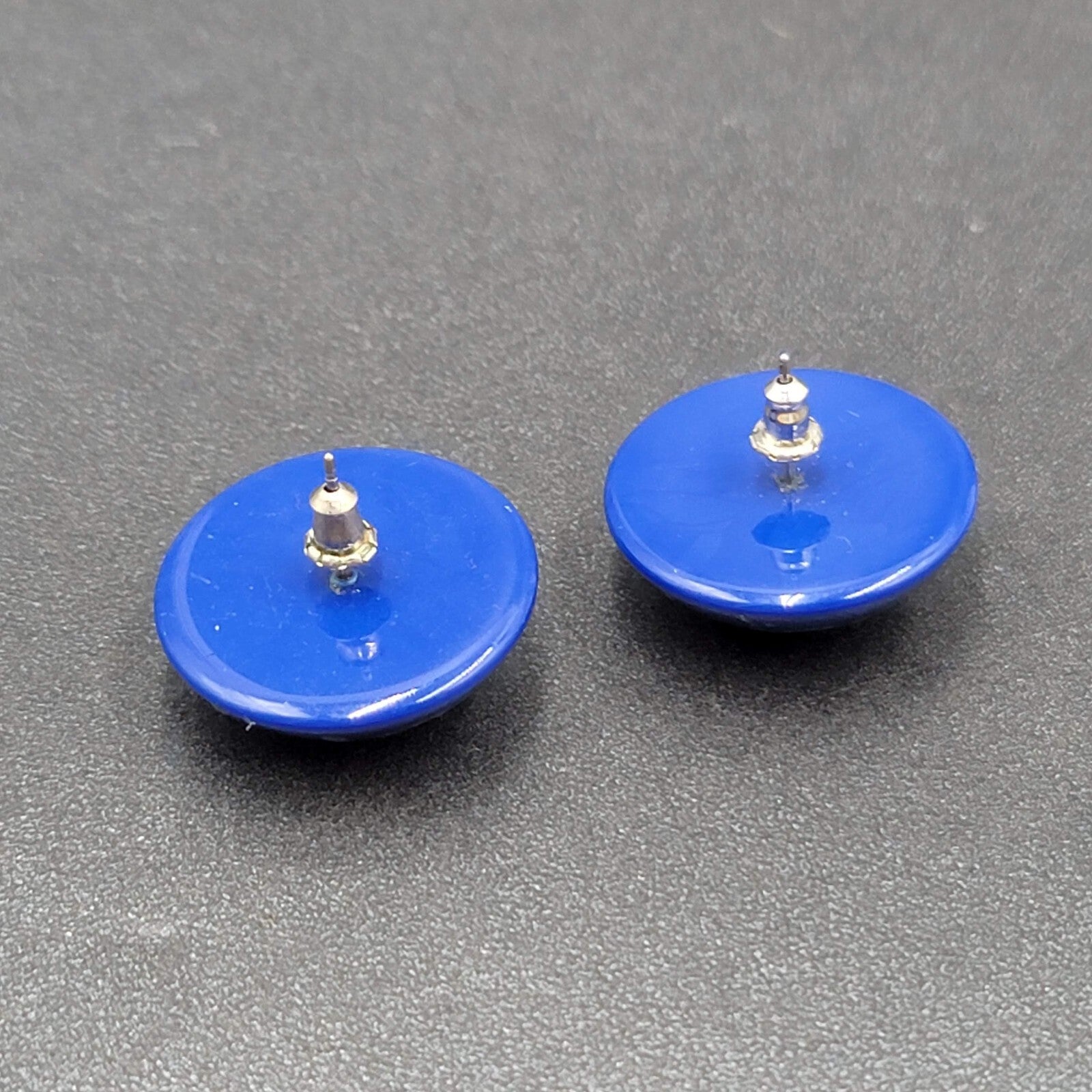 Vintage Pierced Earrings Blue Dome Studs Gold Glitter Paint 1"