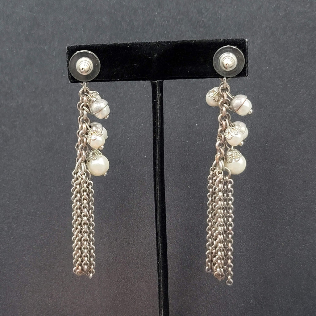Pierced Earrings Long Multi Chain Faux Pearl Silver tone Dangle 3.25"