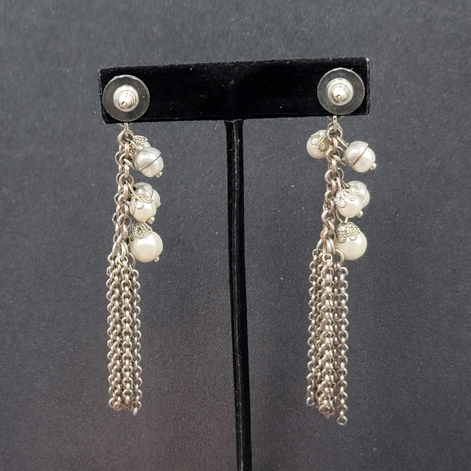 Pierced Earrings Long Multi Chain Faux Pearl Silver tone Dangle 3.25"