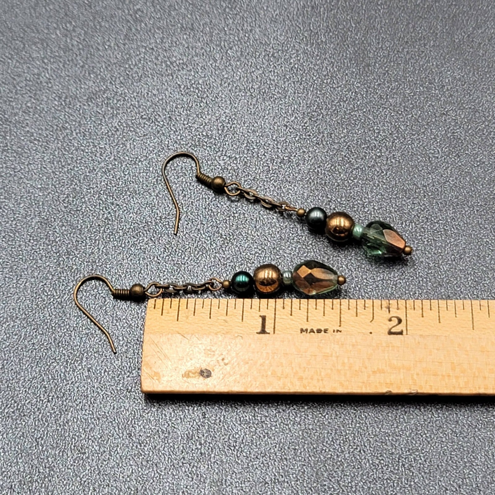 Pierced Earrings Bronze tone Metal Crystal Bead Dangle 1.5"